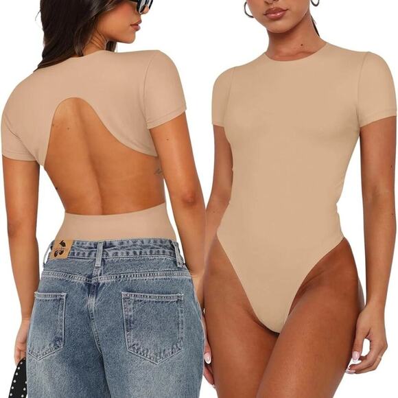 Trendy Sexy Backless Bodysuit Double Lined Crew Neck Short Sleeve Top Tan Size S - Picture 1 of 2